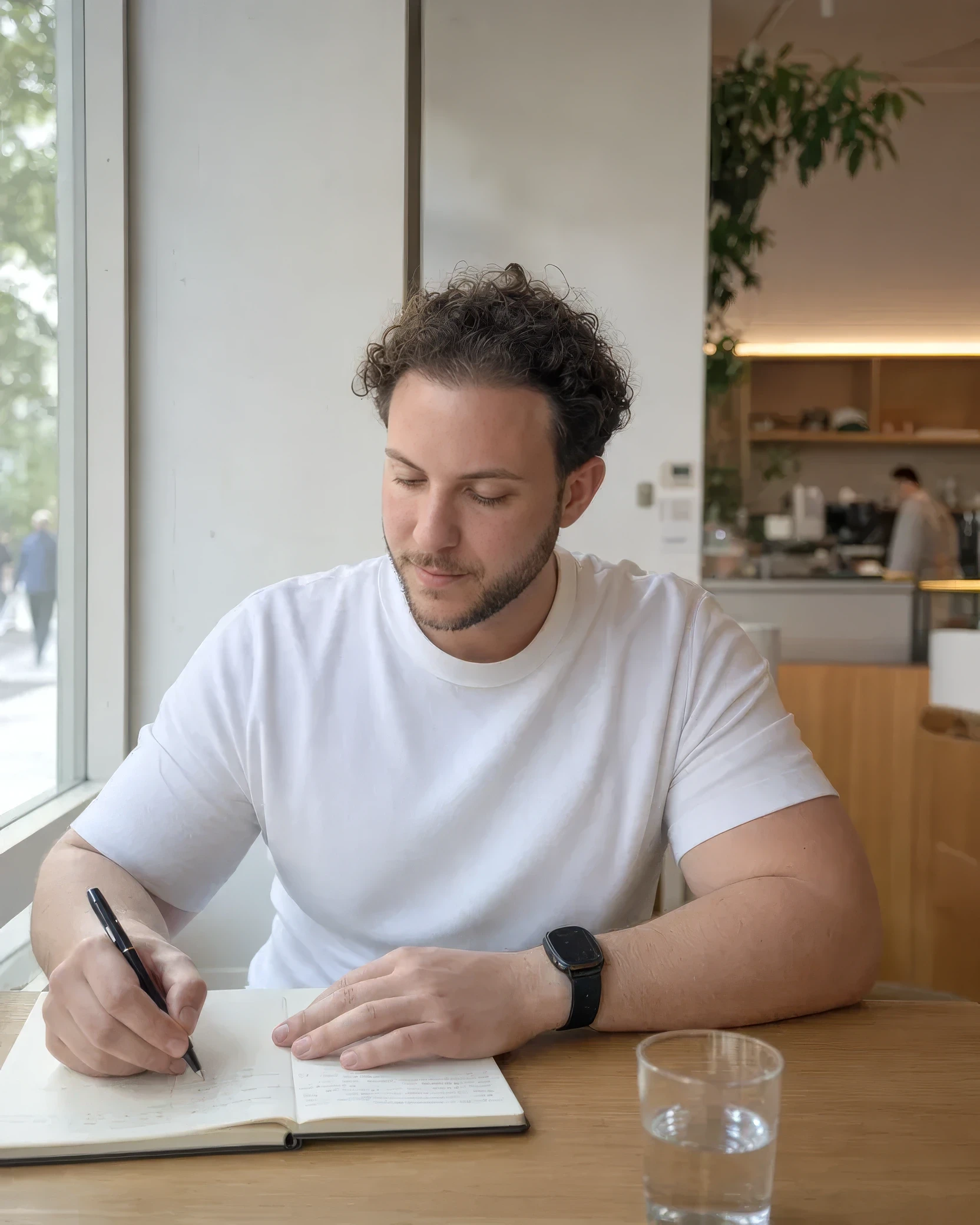 Arthur Rodolfo writing in a notebook at a Vancouver café